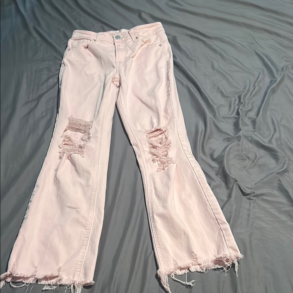 Pink Flare Wide Leg Jeans with Distressed Style